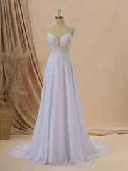 Wedding Dress Hire Near Me, A-line Chiffon V-neck Appliques Lace Cathedral Train Wedding Dress