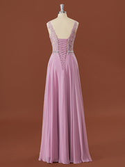 Party Dress Fall, A-line Chiffon V-neck Appliques Lace Floor-Length Bridesmaid Dress