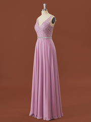 Party Dresses Fall, A-line Chiffon V-neck Appliques Lace Floor-Length Bridesmaid Dress