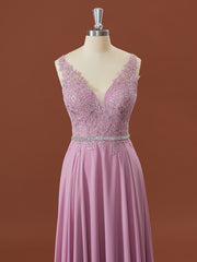 Party Dress For Ladies, A-line Chiffon V-neck Appliques Lace Floor-Length Bridesmaid Dress