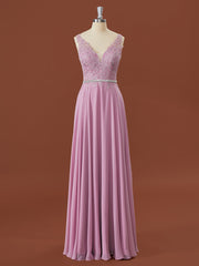 Party Dresses With Sleeves, A-line Chiffon V-neck Appliques Lace Floor-Length Bridesmaid Dress