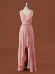 Formal Dresses Cheap, A-line Chiffon V-neck Pleated Asymmetrical Bridesmaid Dress
