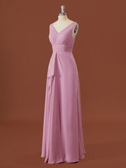 Party Dresses For 22 Year Olds, A-line Chiffon V-neck Pleated Floor-Length Bridesmaid Dress