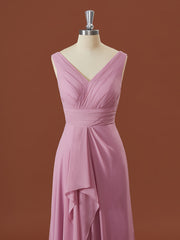 Prom Dress 2033, A-line Chiffon V-neck Pleated Floor-Length Bridesmaid Dress