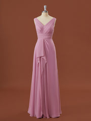 Party Dresses, A-line Chiffon V-neck Pleated Floor-Length Bridesmaid Dress