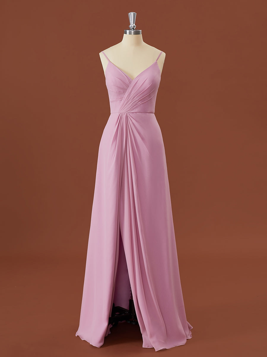 Party Outfit, A-line Chiffon V-neck Pleated Floor-Length Bridesmaid Dress