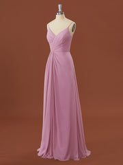Party Dress For Girl, A-line Chiffon V-neck Pleated Floor-Length Bridesmaid Dress