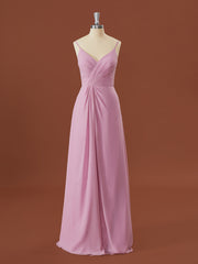 Party Dresses For Over 59S, A-line Chiffon V-neck Pleated Floor-Length Bridesmaid Dress