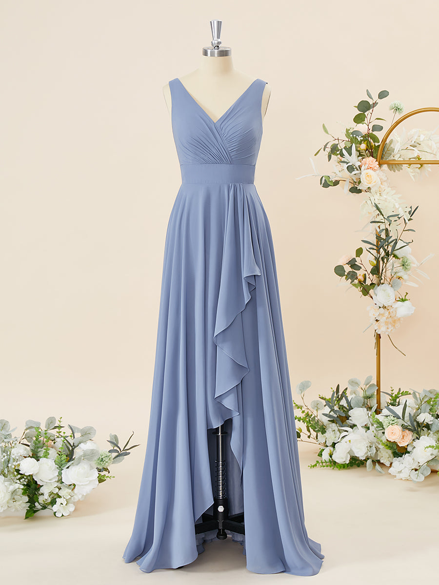 Party Dress Pink, A-line Chiffon V-neck Pleated Floor-Length Bridesmaid Dress
