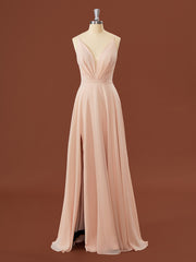 Party Dresses For Teenage Girls, A-line Chiffon V-neck Pleated Floor-Length Bridesmaid Dress