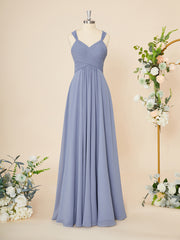 Bridesmaids Dresses Floral, A-line Chiffon V-neck Pleated Floor-Length Dress