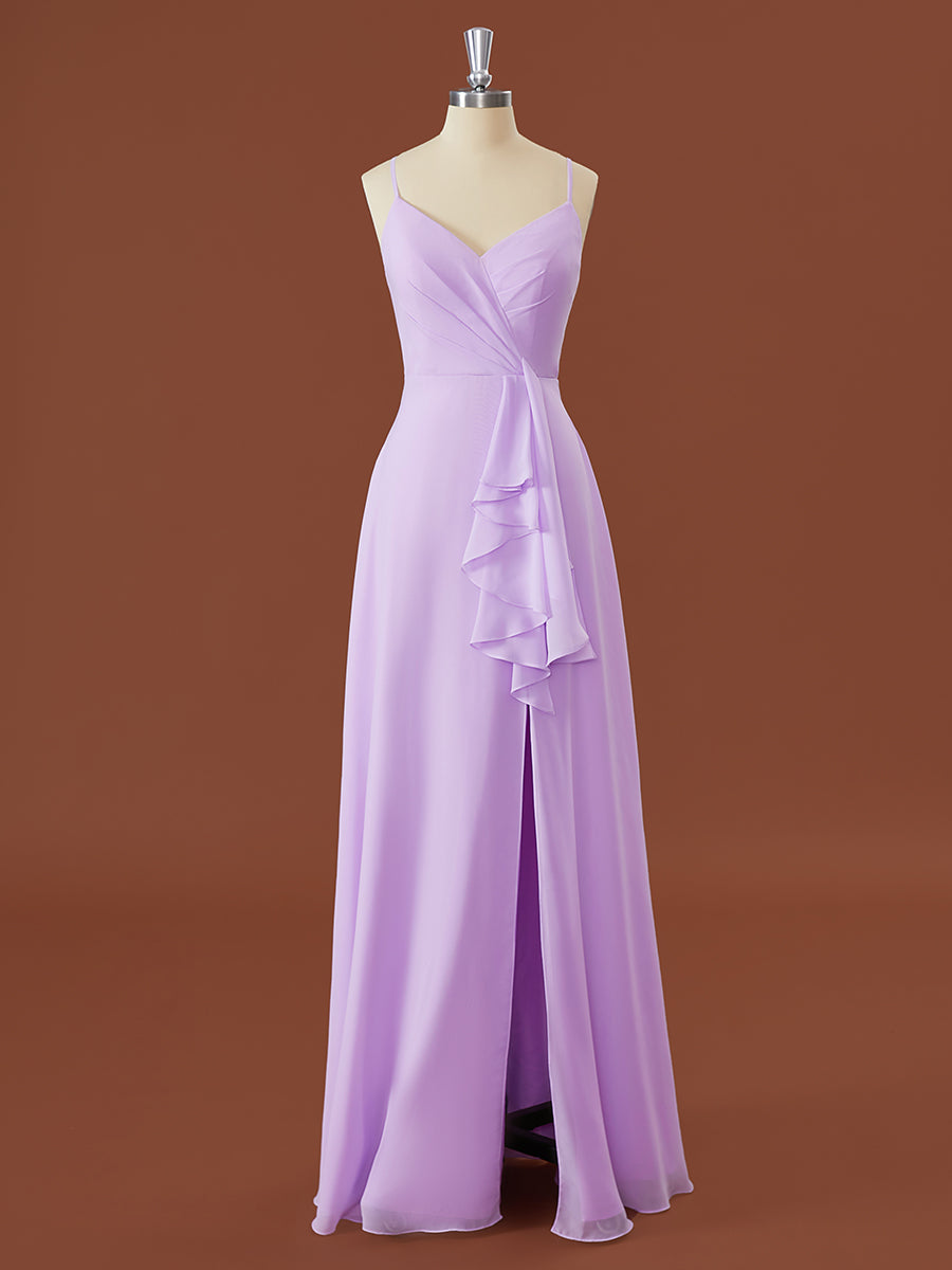 Silk Prom Dress, A-line Chiffon V-neck Ruffles Floor-Length Bridesmaid Dress