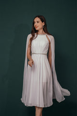 Corset Prom Dress, A-Line Crew Tea Length Chiffon Beaded Waist Mother of The Bride Dresses