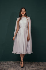 Party Outfit Night, A-Line Crew Tea Length Chiffon Beaded Waist Mother of The Bride Dresses