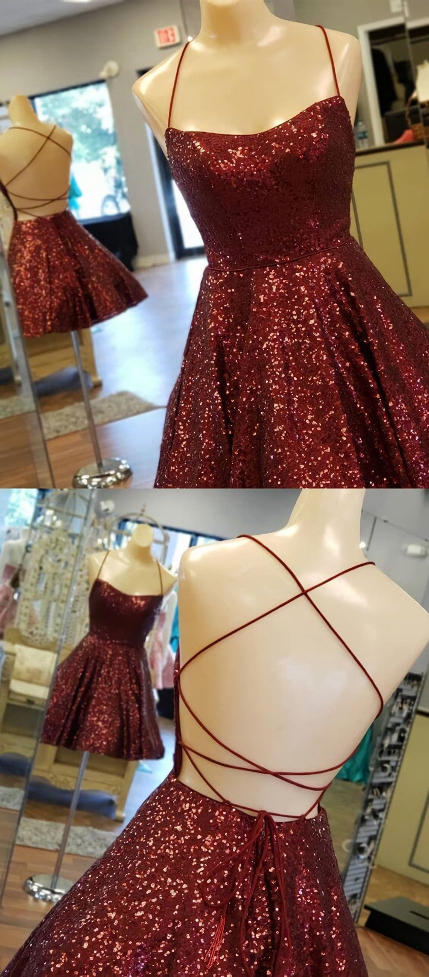 Prom Dresses Designers, A Line Criss Cross Straps Back Burgundy Sequins Homecoming Dress