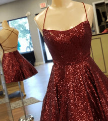 Prom Dress Designers, A Line Criss Cross Straps Back Burgundy Sequins Homecoming Dress