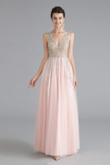 Prom Dresses Under 72, A Line Crystal Pink Split V Neck Backless Beaded Prom Dresses