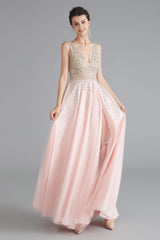 Prom Dress 2045, A Line Crystal Pink Split V Neck Backless Beaded Prom Dresses
