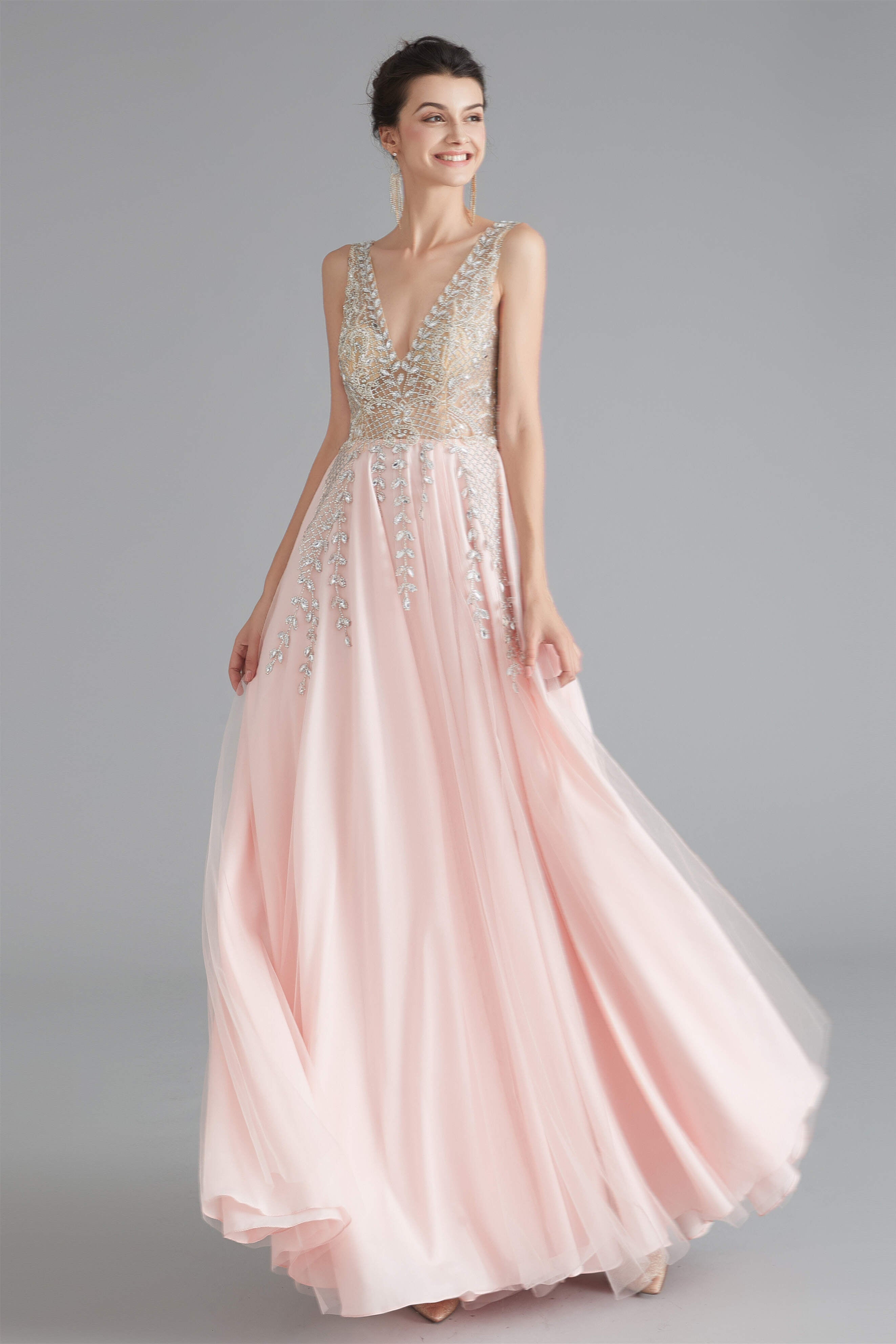 Prom Dresses Uk, A Line Crystal Pink Split V Neck Backless Beaded Prom Dresses