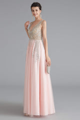 Prom Dress Ideas Unique, A Line Crystal Pink Split V Neck Backless Beaded Prom Dresses