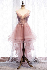 Prom Dress Aesthetic, A-line Deep V Neck Beaded Appliques Multi-Layers Hi-Low Formal Dress