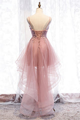 Prom Dresses Backless, A-line Deep V Neck Beaded Appliques Multi-Layers Hi-Low Formal Dress