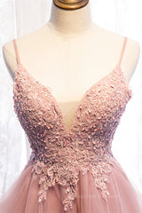 Prom Dress Backless, A-line Deep V Neck Beaded Appliques Multi-Layers Hi-Low Formal Dress