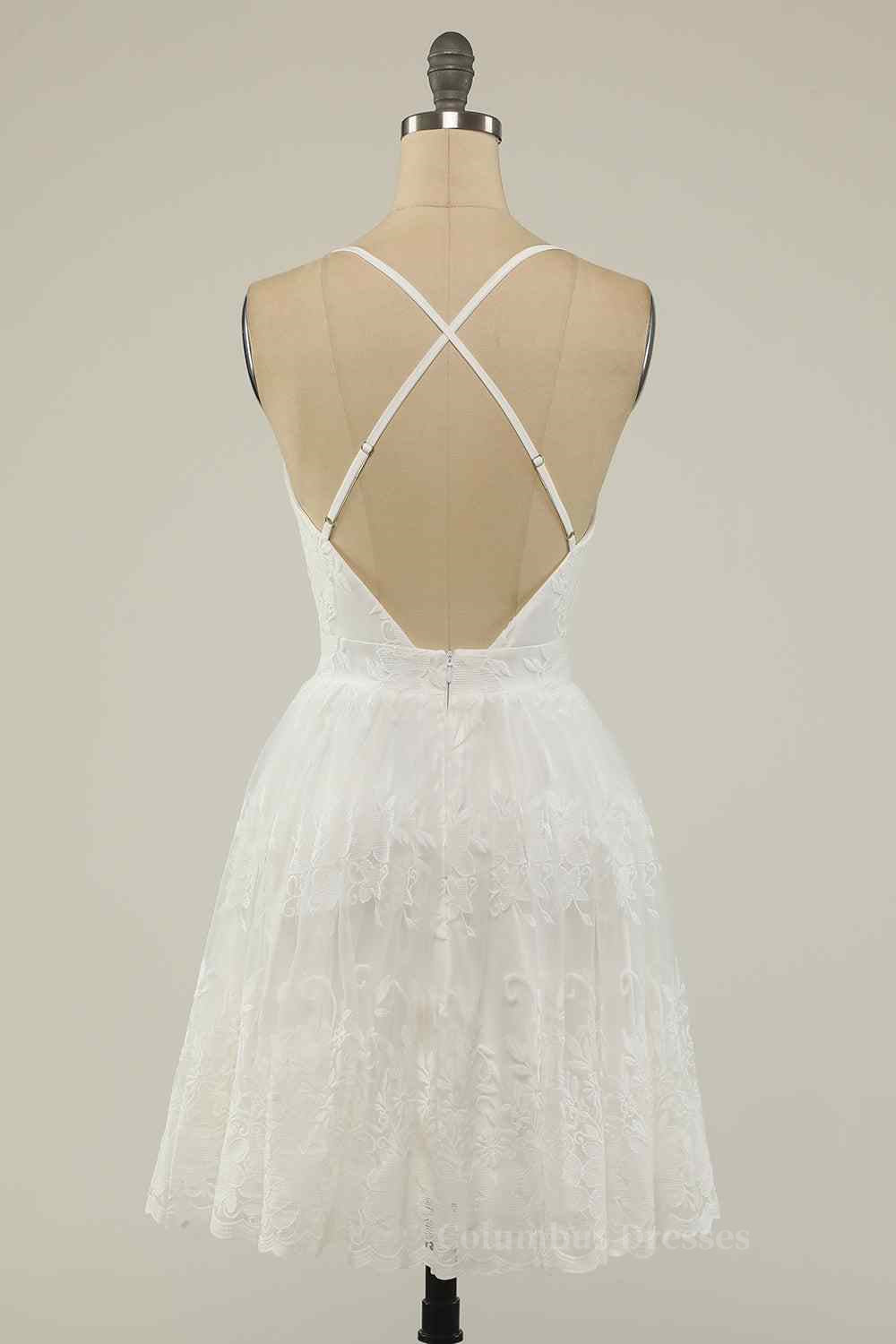 Party Dress Styling Ideas, A-line Deep V Neck Crossed Back Embroidery Mini Homecoming Dress