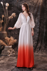 Party Dress Sales, A Line Deep V-Neck Long Sleeve Ombre Silk Like Floor Length Prom Dresses
