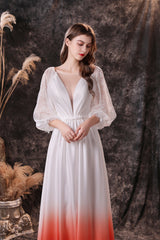 Party Dresses Sale, A Line Deep V-Neck Long Sleeve Ombre Silk Like Floor Length Prom Dresses
