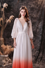 Party Dress Dresses, A Line Deep V-Neck Long Sleeve Ombre Silk Like Floor Length Prom Dresses