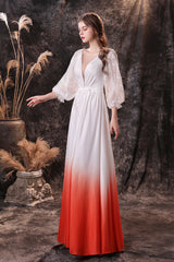 Party Dress Dress, A Line Deep V-Neck Long Sleeve Ombre Silk Like Floor Length Prom Dresses