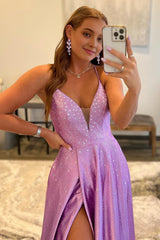 A Line Deep V Neck Purple Long Prom Dress with Beading