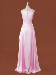 Evening Dress Long, A-line Elastic Woven Satin Halter Ruffles Floor-Length Bridesmaid Dress