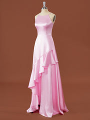 Club Dress, A-line Elastic Woven Satin Halter Ruffles Floor-Length Bridesmaid Dress
