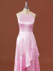 On Shoulder Dress, A-line Elastic Woven Satin Halter Ruffles Floor-Length Bridesmaid Dress
