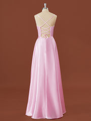 Homecoming, A-line Elastic Woven Satin Spaghetti Straps Floor-Length Bridesmaid Dress