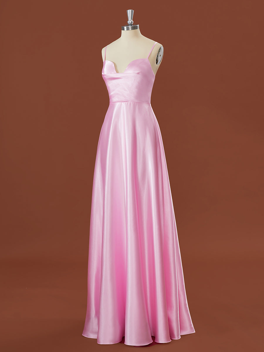 Formal Dress Short, A-line Elastic Woven Satin Spaghetti Straps Floor-Length Bridesmaid Dress