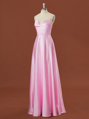 Formal Dress Short, A-line Elastic Woven Satin Spaghetti Straps Floor-Length Bridesmaid Dress