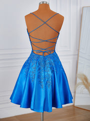 Prom Dresses Under 210, A-line Elastic Woven Satin V-neck Appliques Lace Corset Short/Mini Dress