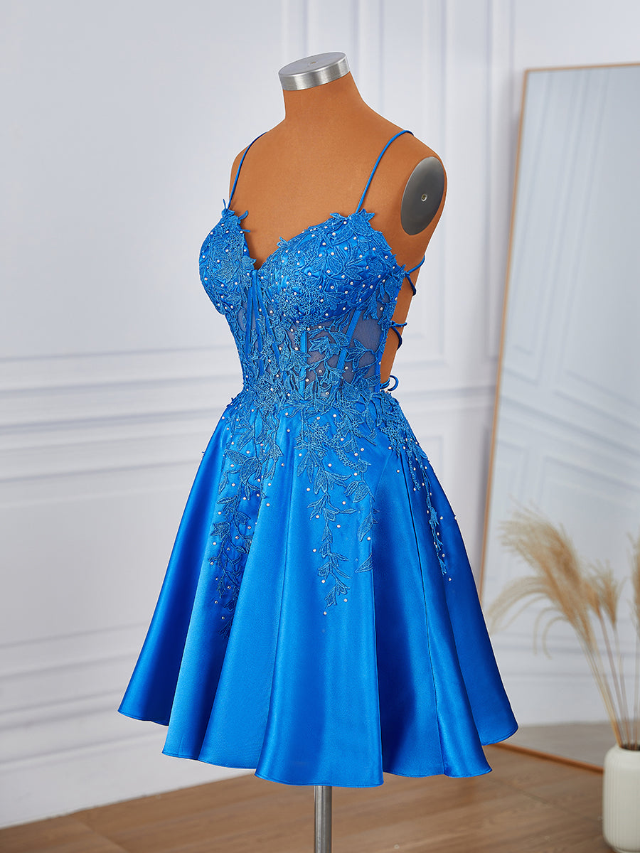 Prom Dress Sale, A-line Elastic Woven Satin V-neck Appliques Lace Corset Short/Mini Dress