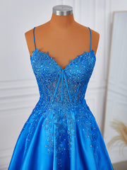 Prom Dresses Online, A-line Elastic Woven Satin V-neck Appliques Lace Corset Short/Mini Dress
