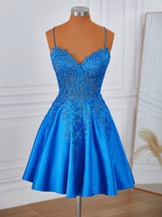 Prom Dress Under 110, A-line Elastic Woven Satin V-neck Appliques Lace Corset Short/Mini Dress