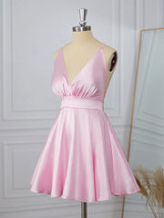 Prom Dresses Country, A-line Elastic Woven Satin V-neck Bow Short/Mini Dress