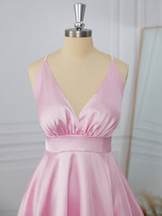 Prom Dress With Tulle, A-line Elastic Woven Satin V-neck Bow Short/Mini Dress