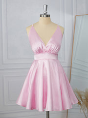 Prom Dresses Long Formal Evening Gown, A-line Elastic Woven Satin V-neck Bow Short/Mini Dress