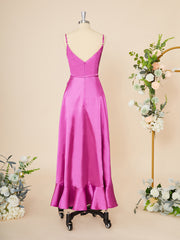 Bridesmaid Dress Navy Blue, A-line Elastic Woven Satin V-neck Ruffles Asymmetrical Dress