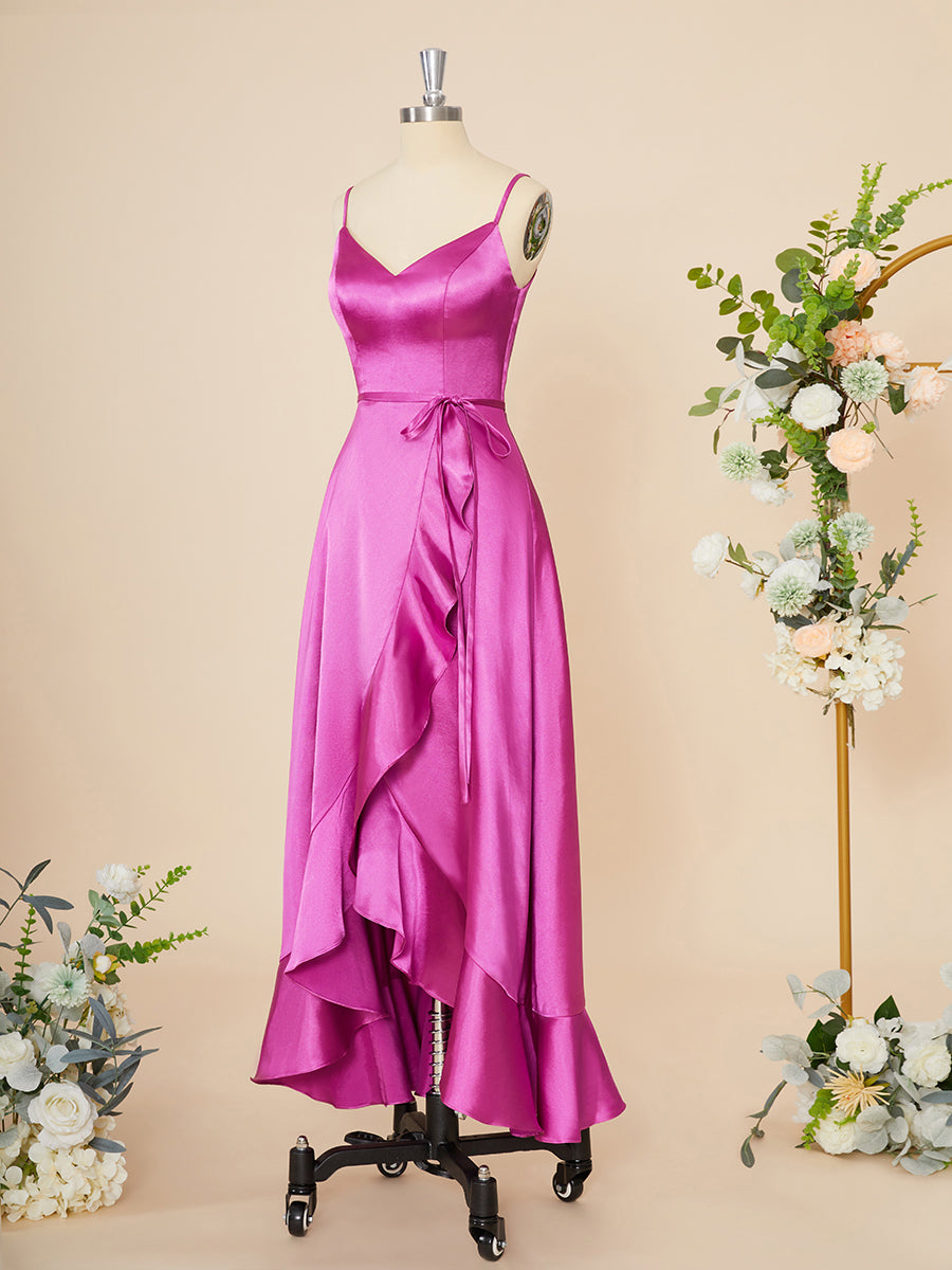 Bridesmaid Dresses Sage Green, A-line Elastic Woven Satin V-neck Ruffles Asymmetrical Dress