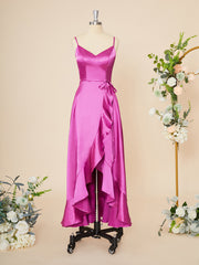 Wedding, A-line Elastic Woven Satin V-neck Ruffles Asymmetrical Dress