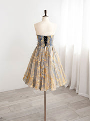 Evening Dresses For Weddings, A-Line Gold/Blue Lace  Short Prom Dress, Cute Homecoming Dress with Beading